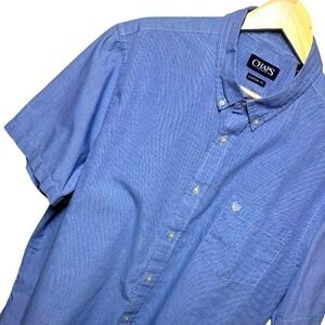 Chaps Mens Custom Fit Short Sleeve Button Down Shirt Blue Gingham Textured XXL